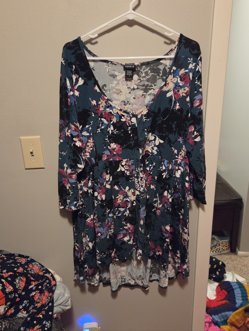 torrid Teal Floral Scoop Neck Button Up Baby Doll Top with Pink Accents